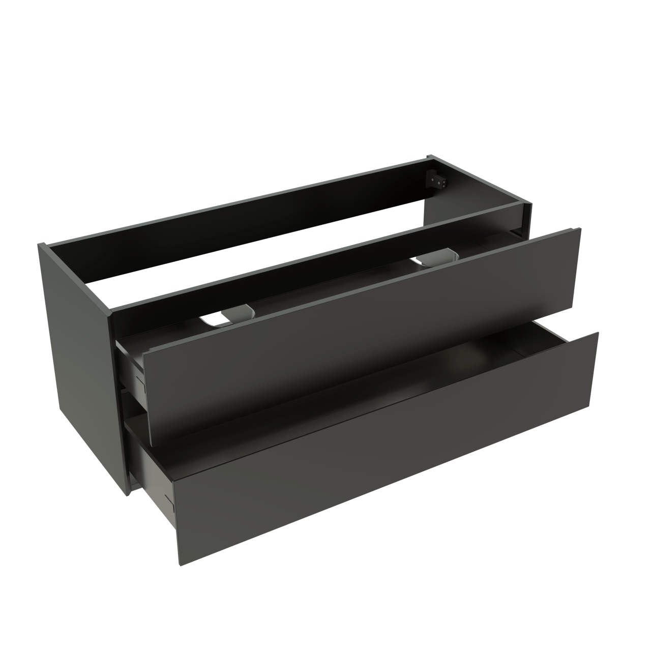 Storke Edge hängender Waschbeckenunterschrank: 120 x 46 cm, Schwarz Matt, 2 Schubladen, 2 Siphonaussparungen