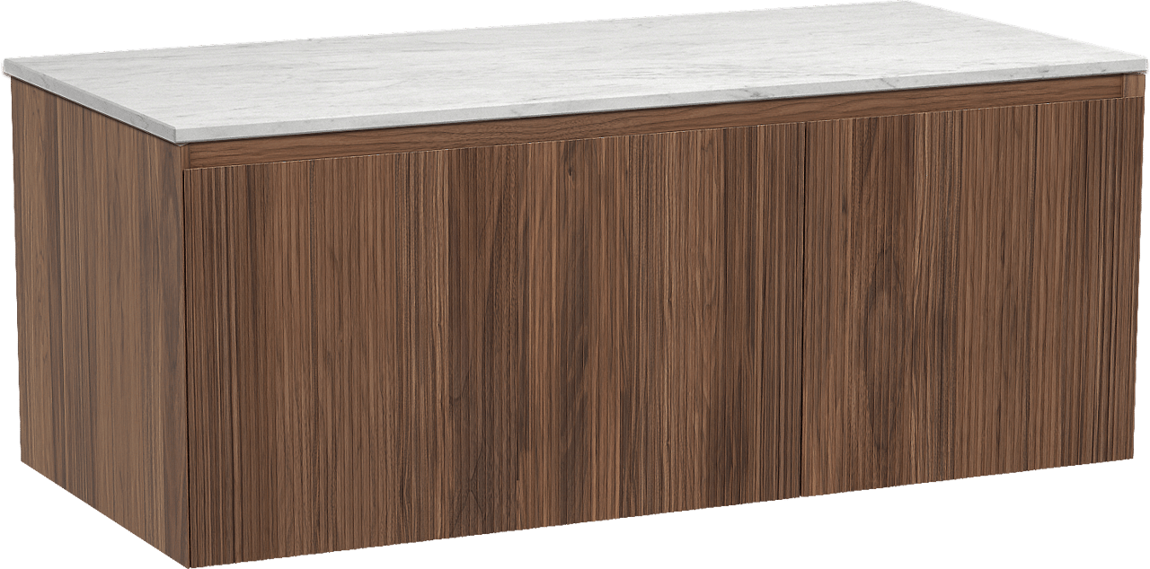 Balmani Fila hängendes Möbelstück Set: 120 x 55 cm, Nussbaum, mit Stretto Einzel- oder Doppel Waschtischplatte, Marmor, Carrara, Vertikale symmetrische gerade Rippe