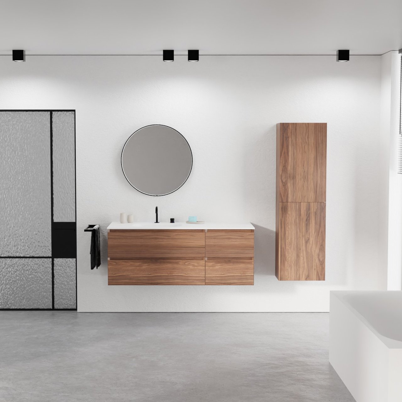 Balmani Mitra hängendes Möbelstück Set: 135 x 55 cm, Nussbaum, mit Tablo Arcato Waschtisch links, Solid Surface Weiß matt