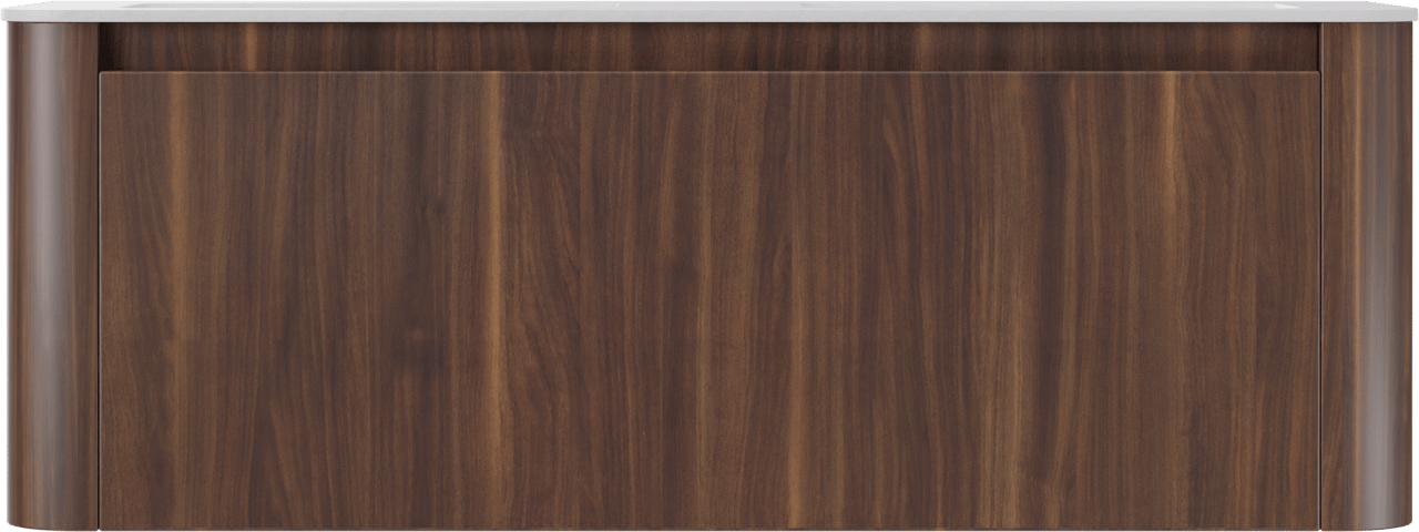 Storke Soft zwevend badmeubel 140 x 46 cm notenhout met Mata Soft dubbele wastafel in solid surface mat wit