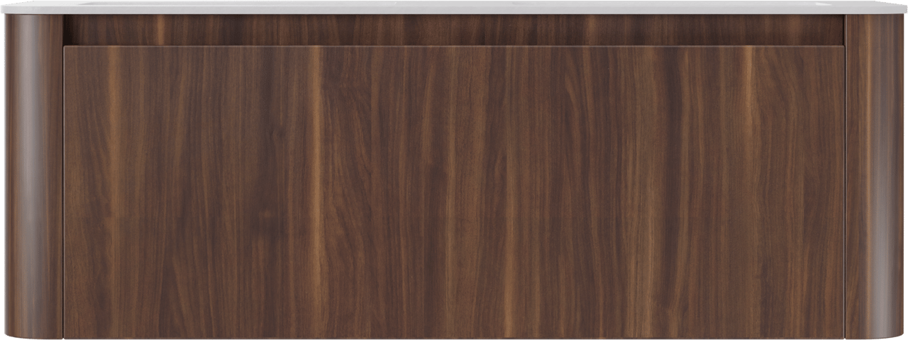 Storke Soft zwevend badkamermeubel 140 x 46 cm notelaar met Mata Soft dubbele wastafel in solid surface mat wit