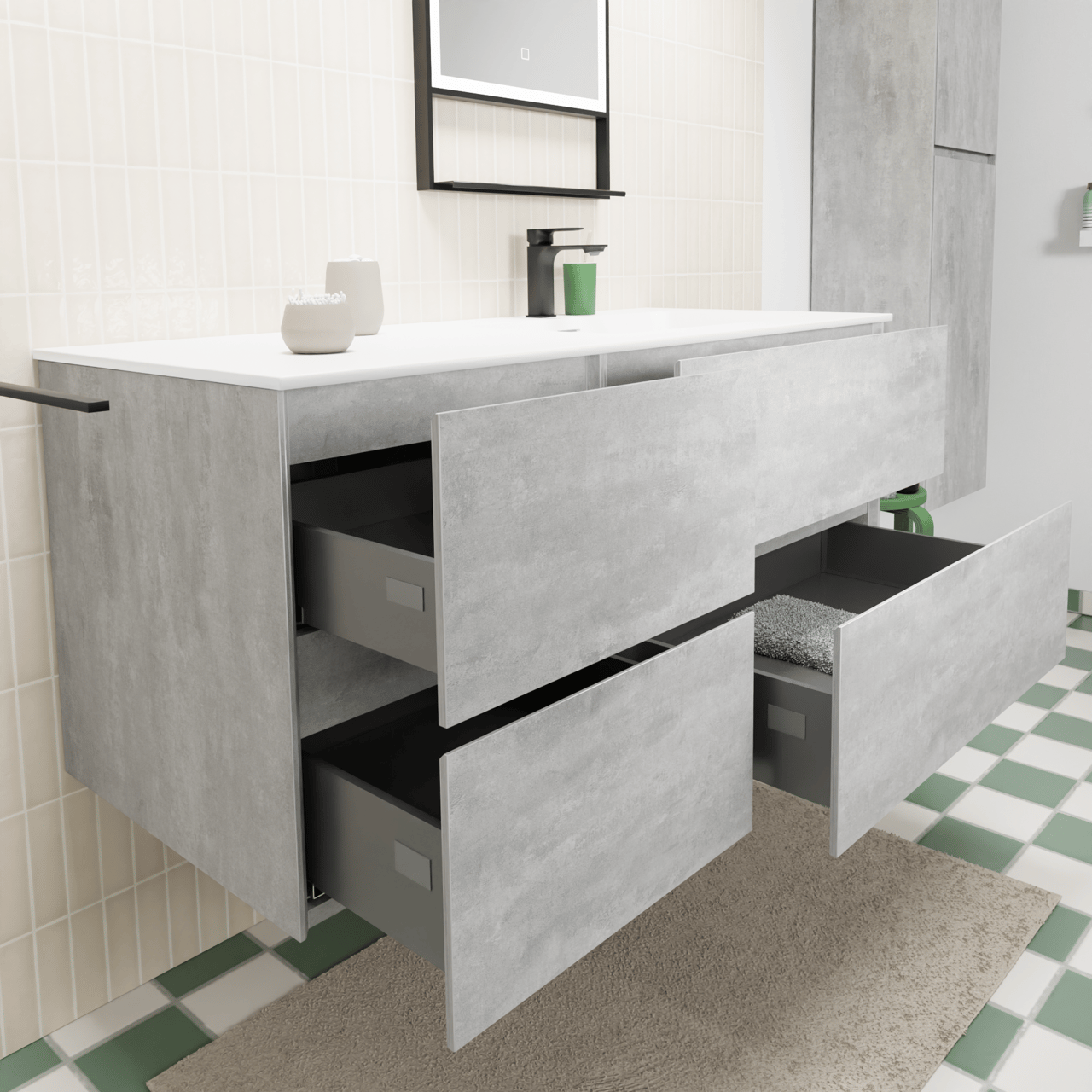 Storke Edge hängendes Möbelstück Set: 120 x 52 cm, Beton dunkelgrau, mit Mata Waschtisch rechts, Solid Surface Weiß matt