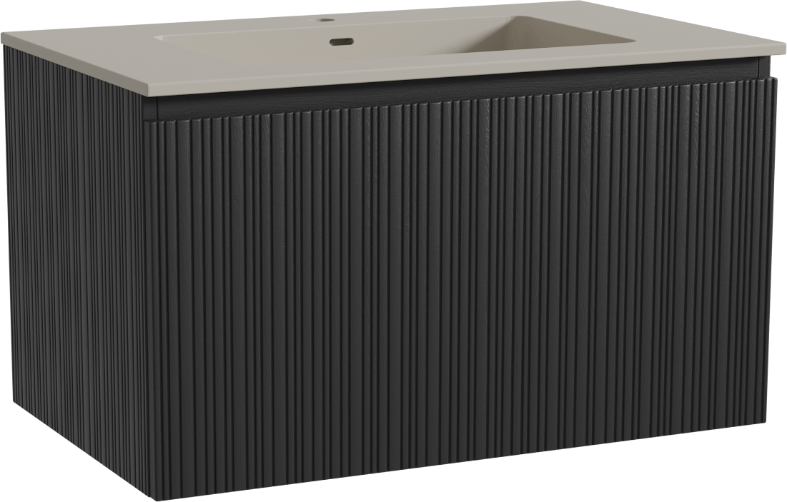 Storke Ribs zwevend badmeubel 85 x 52 cm zwart eiken met Diva enkele wastafel in top solid zijdegrijs, Verticale asymmetrische rechte ribbel
