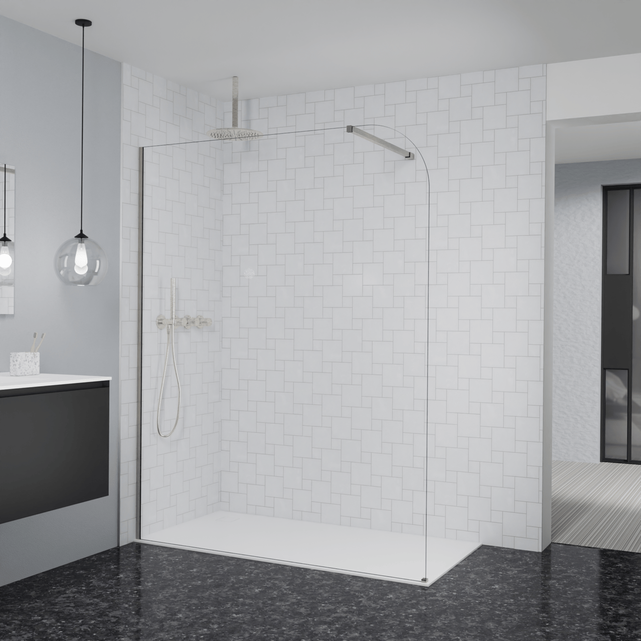 Balmani Modular Walk-In Dusche: 160 x 200 cm, Klarglas abgerundet, inklusive Coating, Profil Brushed CoolMetal