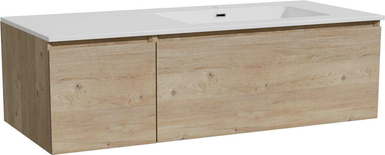 Storke Edge hängendes Möbelstück Set: 120 x 52 cm, Rohe Eiche, mit Diva Waschtisch rechts, Marmorkomposit Weiß glänzend