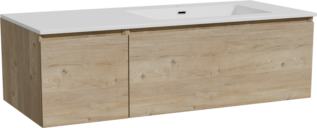 Storke Edge meuble salle de bains suspendu 120 x 52 cm chêne brut avec Diva plan vasque asymétrique à droite en marbre composite blanc brillant