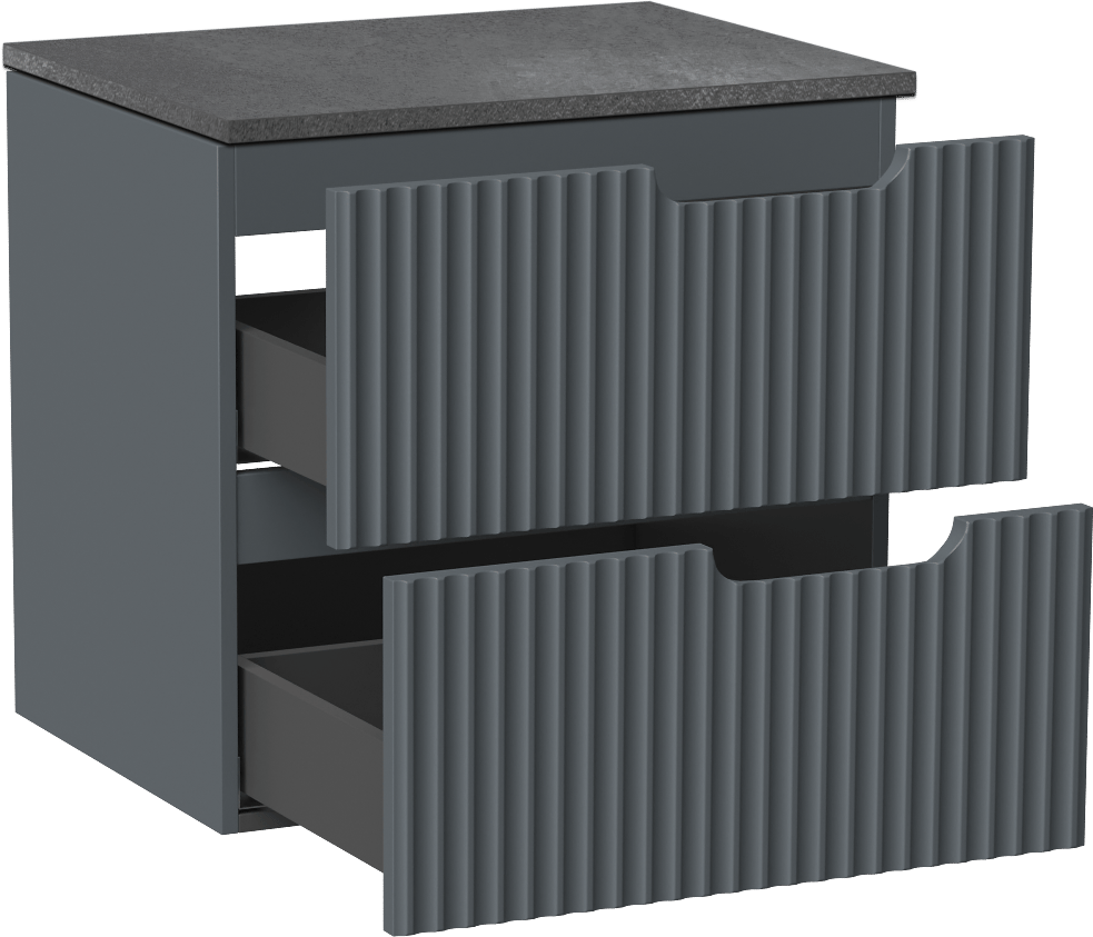 Linie Ribbo zwevend badkamermeubel 60 x 46 cm blauw antraciet met Lado enkel tablet in melamine leisteen grijs, Verticale symmetrische ronde ribbel