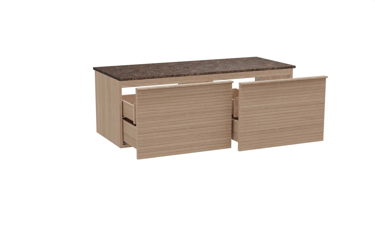 Balmani Forma zwevend badkamermeubel 135 x 55 cm natuur eik met Stretto enkel of dubbel tablet in marmer dark emperador, Horizontale symmetrische rechte ribbel