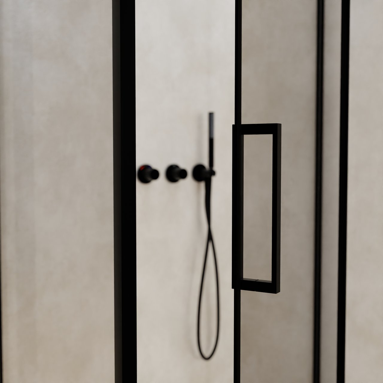 Balmani Senses Design douchehoek met rechtse draaideur en vaste zijwand, 100 x 70 cm, Helder glas, Zwarte profielen