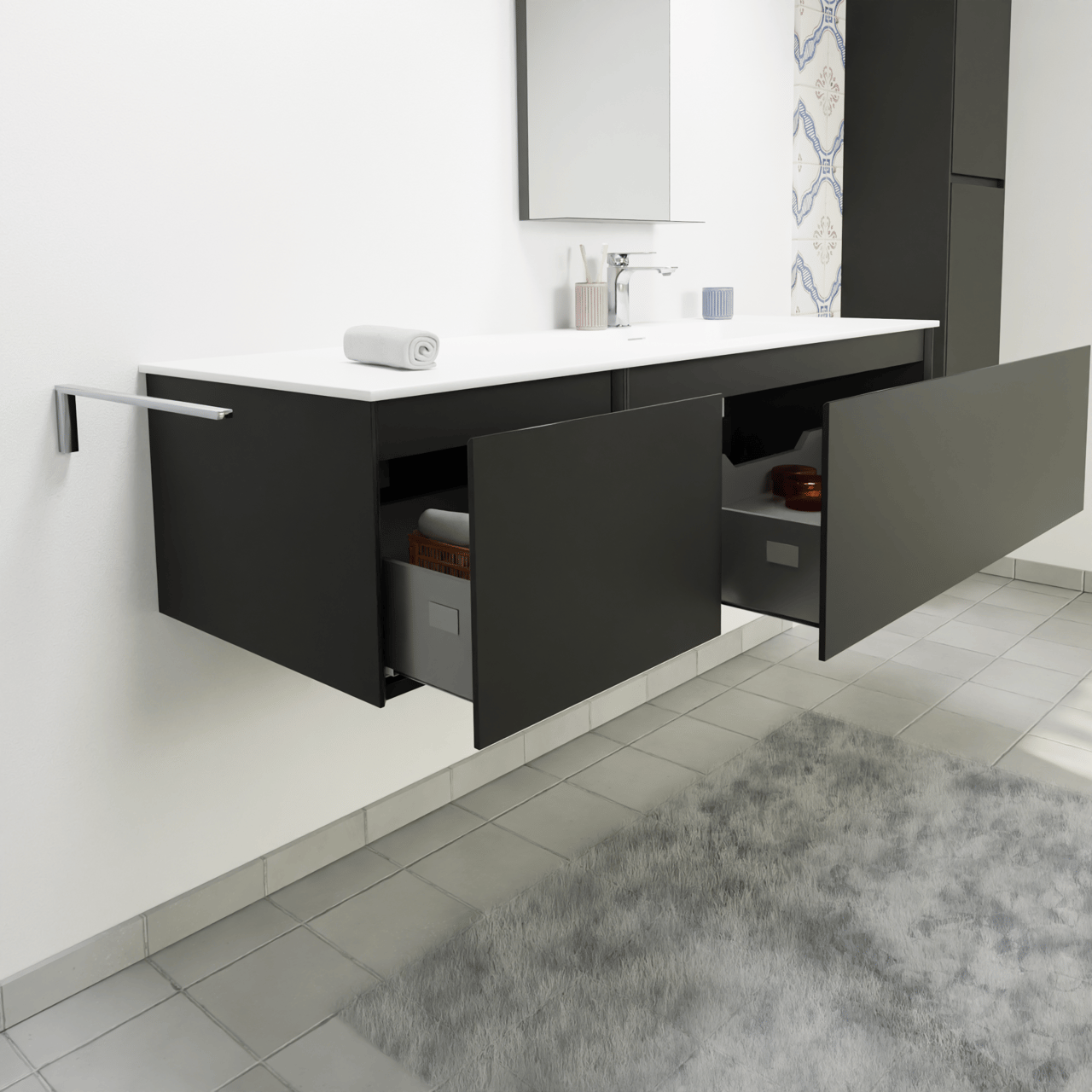 Storke Edge zwevend badkamermeubel 150 x 52 cm mat zwart met Mata asymmetrisch rechtse wastafel in solid surface mat wit