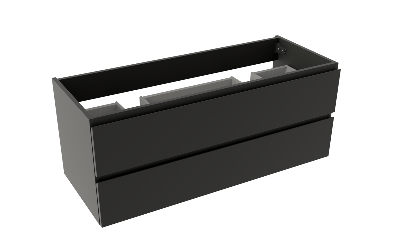 Storke Delta zwevende wastafelonderkast 120 x 48 cm mat zwart 2 lades 2 sifonuitsparingen