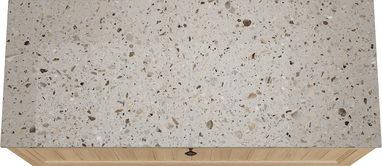 Balmani Lemon hängendes Möbelstück Set: 135 x 55 cm, Naturbelassene Eiche Furnier, mit Stretto Einzel- oder Doppel Waschtischplatte, Terrazzo in Greige