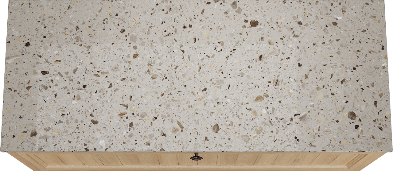 Balmani Lemon zwevend badkamermeubel 135 x 55 cm, fineer natuur eik met Stretto enkel of dubbel tablet in greige terrazzo