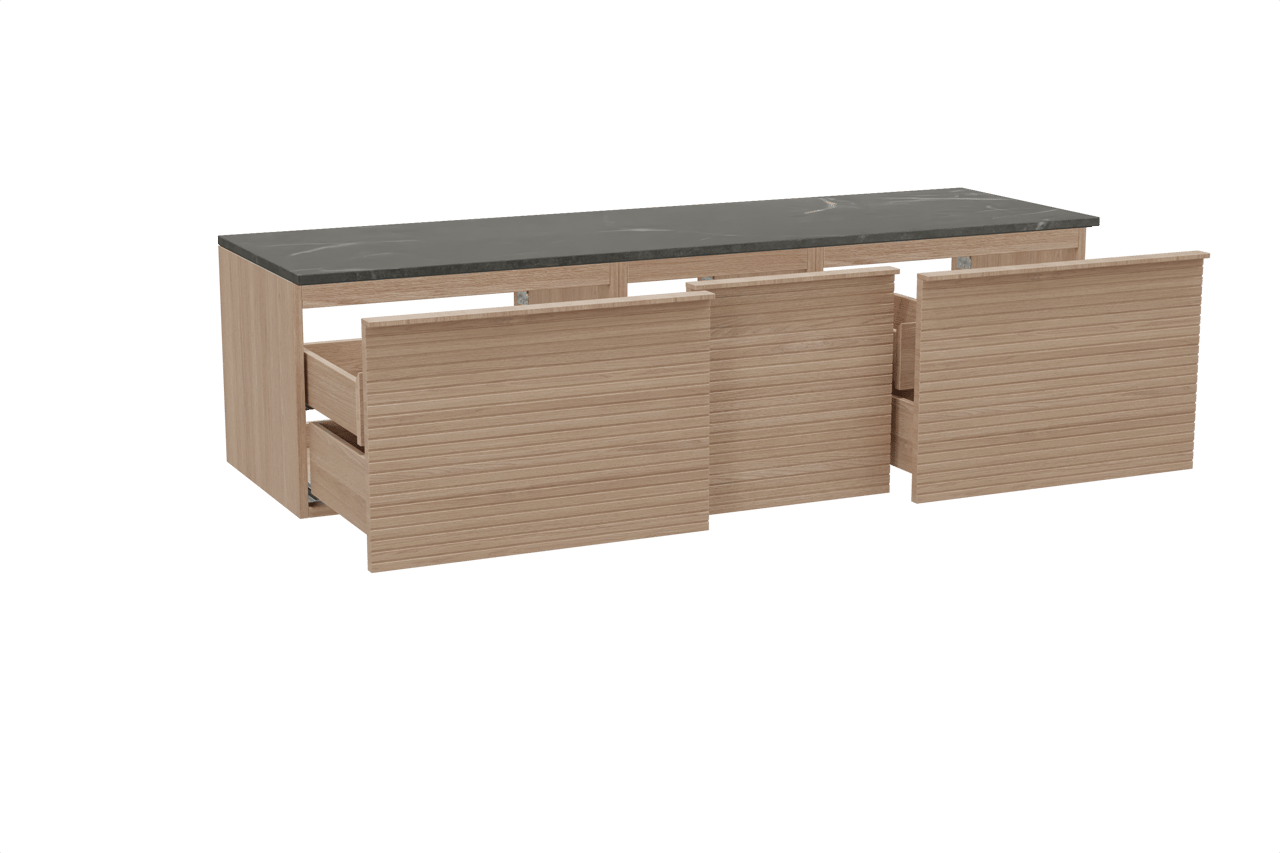 Balmani Forma zwevend badmeubel 180 x 55 cm naturel eiken met Stretto enkel of dubbel wastafelblad in marmer pietra grey, Horizontale symmetrische rechte ribbel