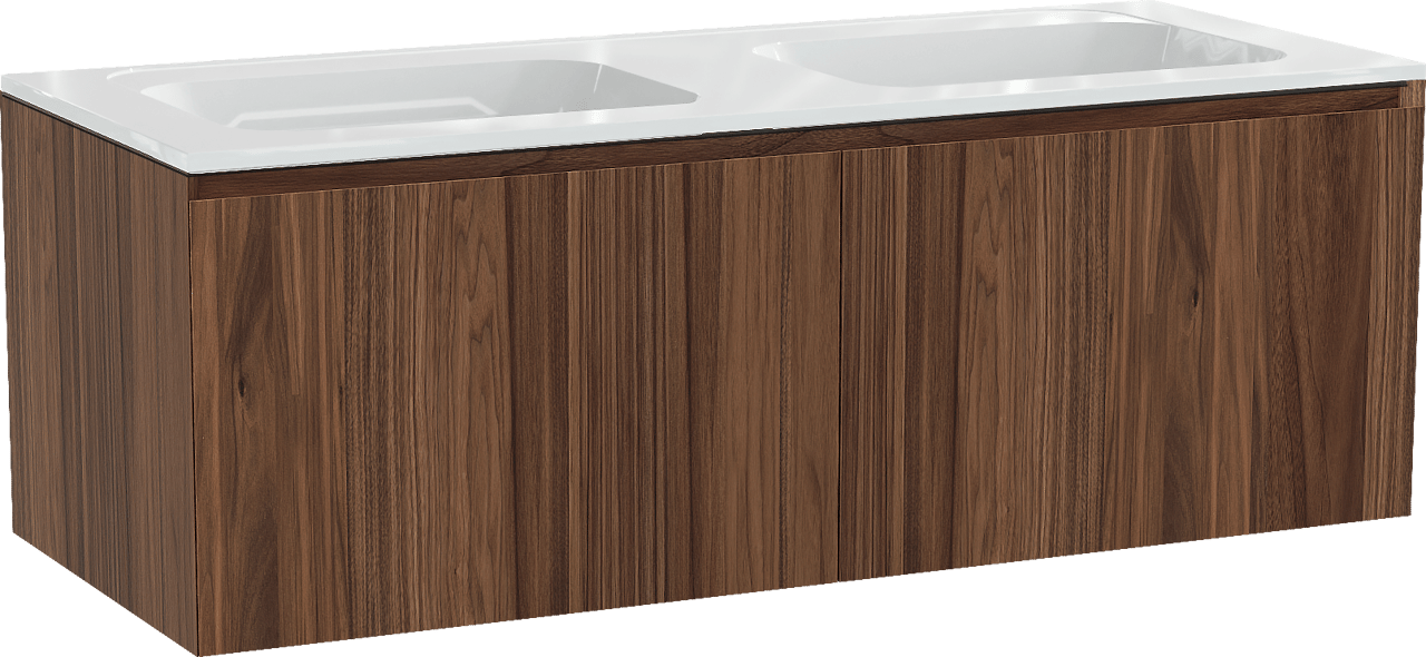 Balmani Idra meuble salle de bains suspendu 135 x 55 cm noyer avec Tablo Strada double vasque en marbre composite blanc brillant