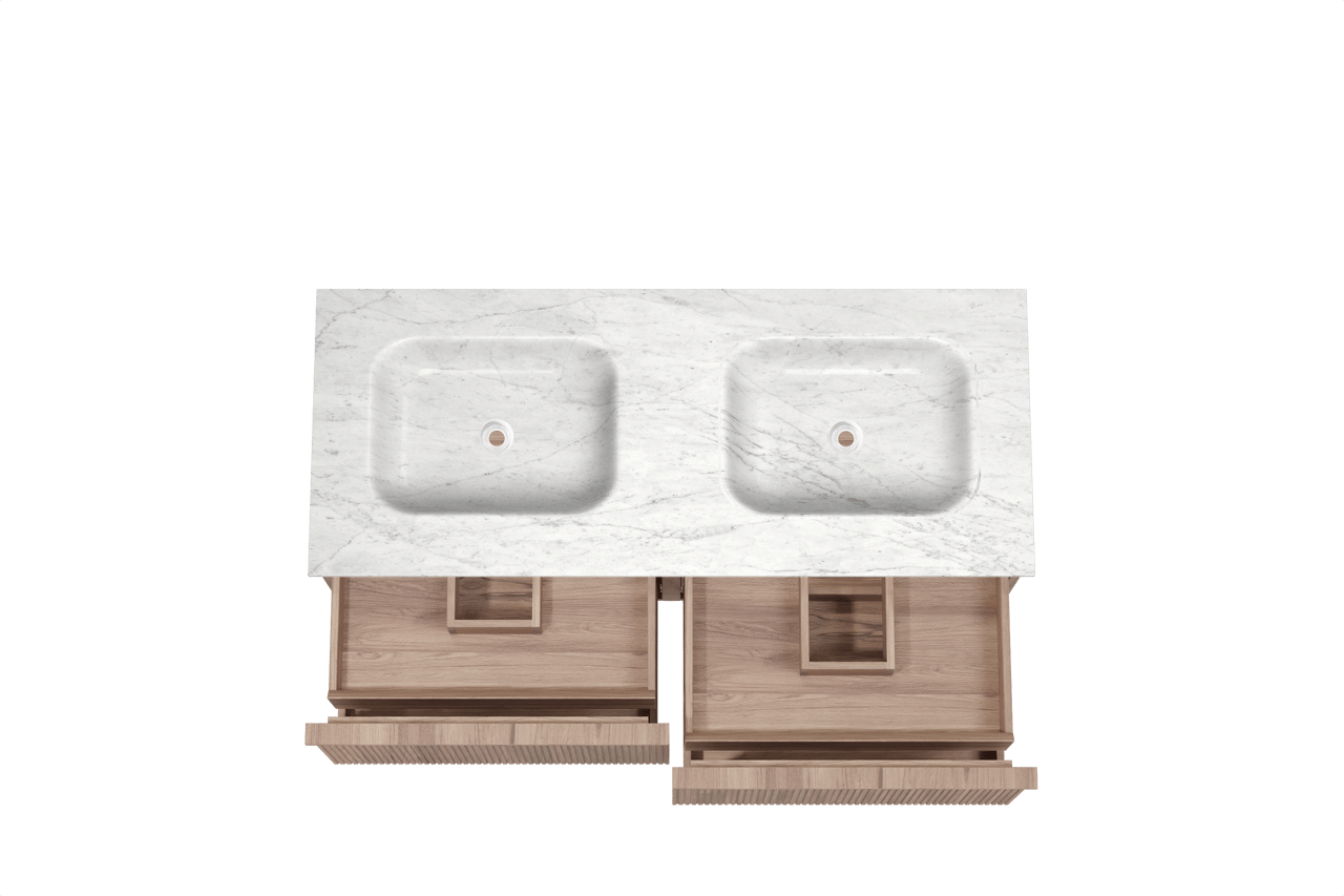Balmani Forma zwevend badkamermeubel 135 x 55 cm teak met Tablo Arcato dubbele wastafel in marmer carrara, Verticale symmetrische rechte ribbel
