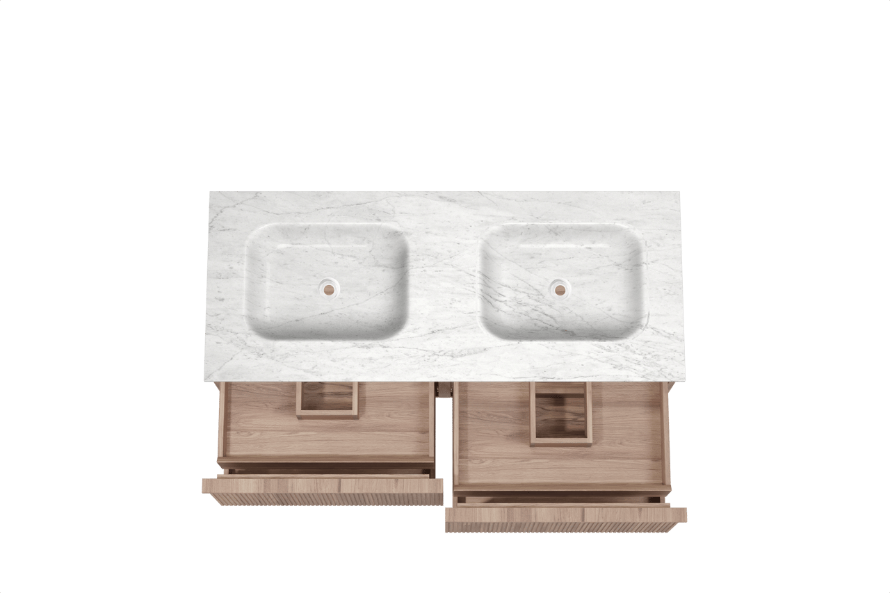 Balmani Forma meuble salle de bains suspendu 135 x 55 cm teck avec Tablo Arcato double vasque en marbre carrara, Nervure droite symétrique verticale