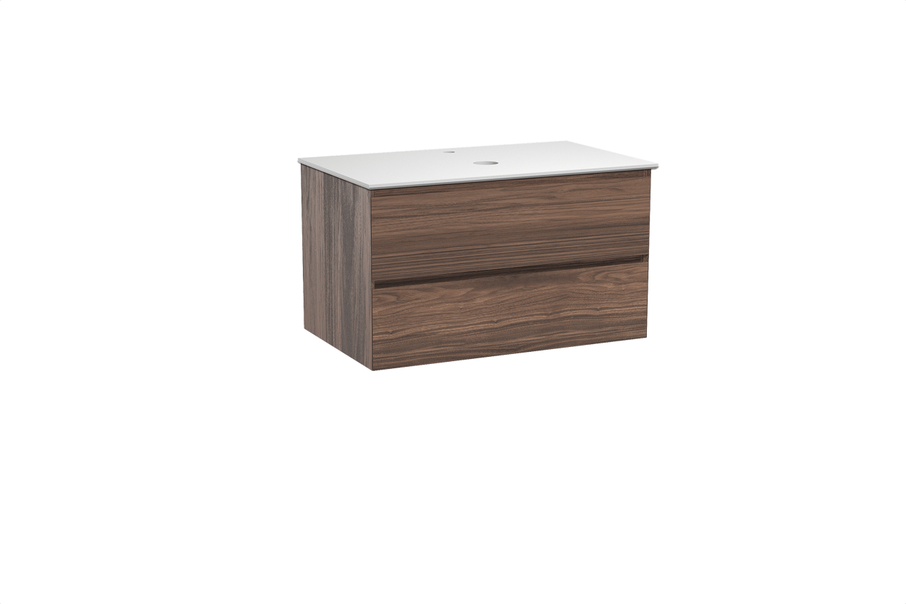 Balmani Mitra hängendes Möbelstück Set: 90 x 55 cm, Nussbaum, mit Facetta Einzel Waschtischplatte, Solid Surface Weiß matt