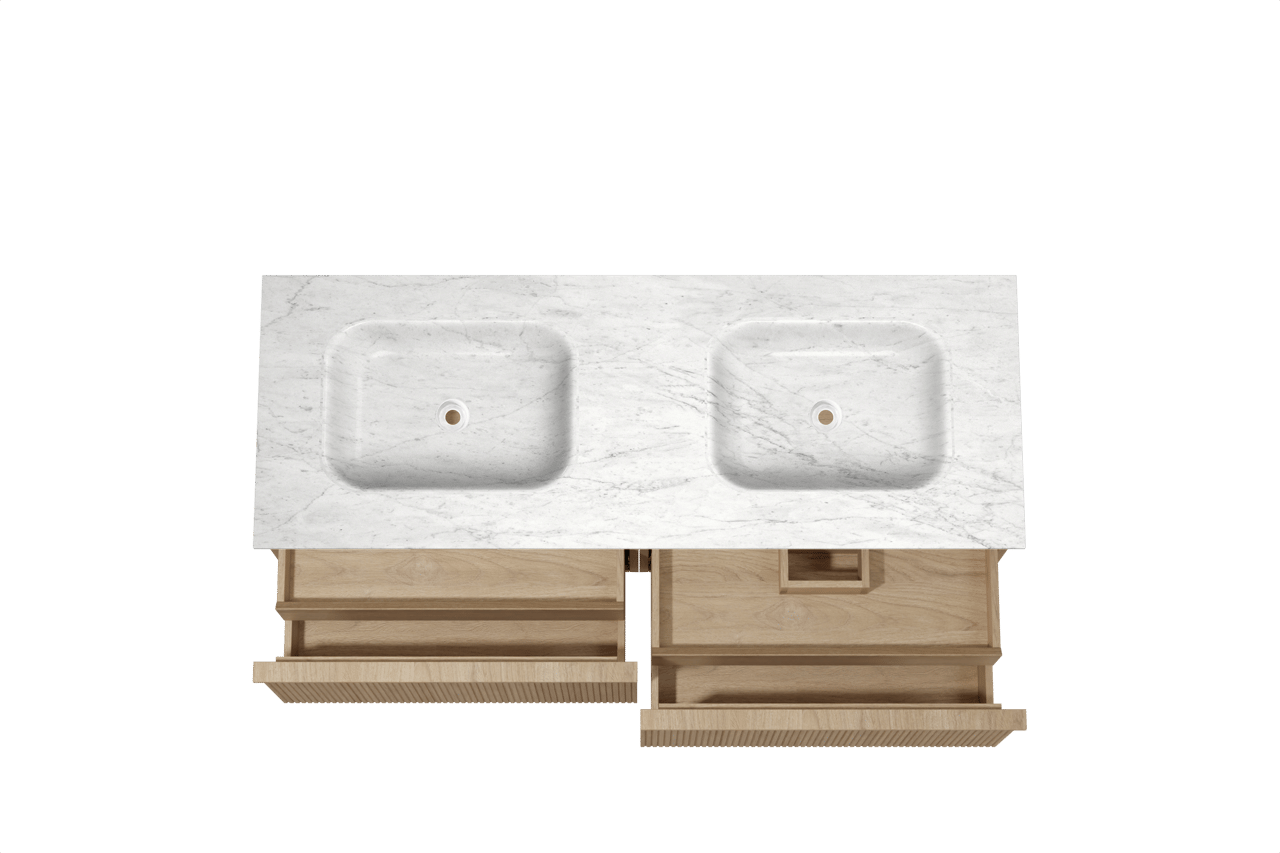 Balmani Forma hängendes Möbelstück Set: 150 x 55 cm, Naturbelassene Eiche, mit Tablo Arcato Doppelwaschtisch, Marmor, Carrara, Vertikale symmetrische gerade Rippe