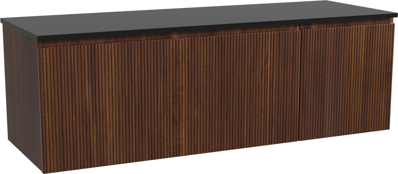 Storke Ribs zwevend badmeubel 150 x 52 cm notenhout met Panton enkel of dubbel wastafelblad in gepoedercoate mdf mat zwart, Verticale symmetrische rechte ribbel