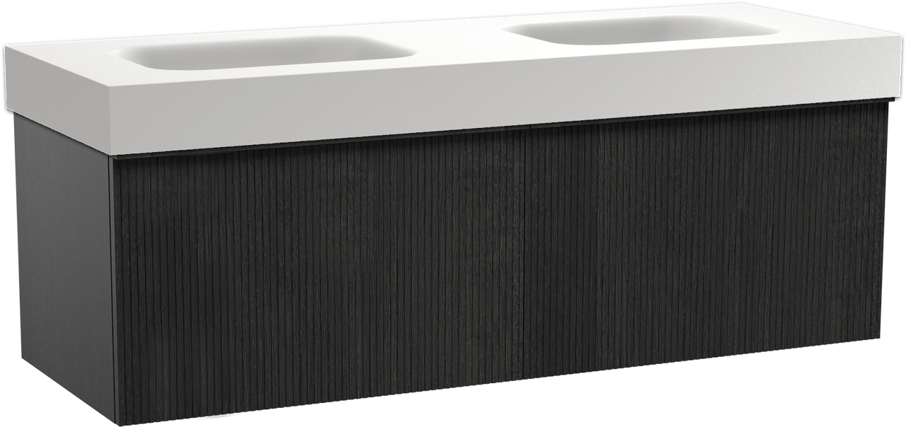 Balmani Forma hängendes Möbelstück Set: 150 x 55 cm, Schwarze Eiche, mit Arcato Doppelwaschtisch, Solid Surface, Weiß matt, Vertikale symmetrische gerade Rippe