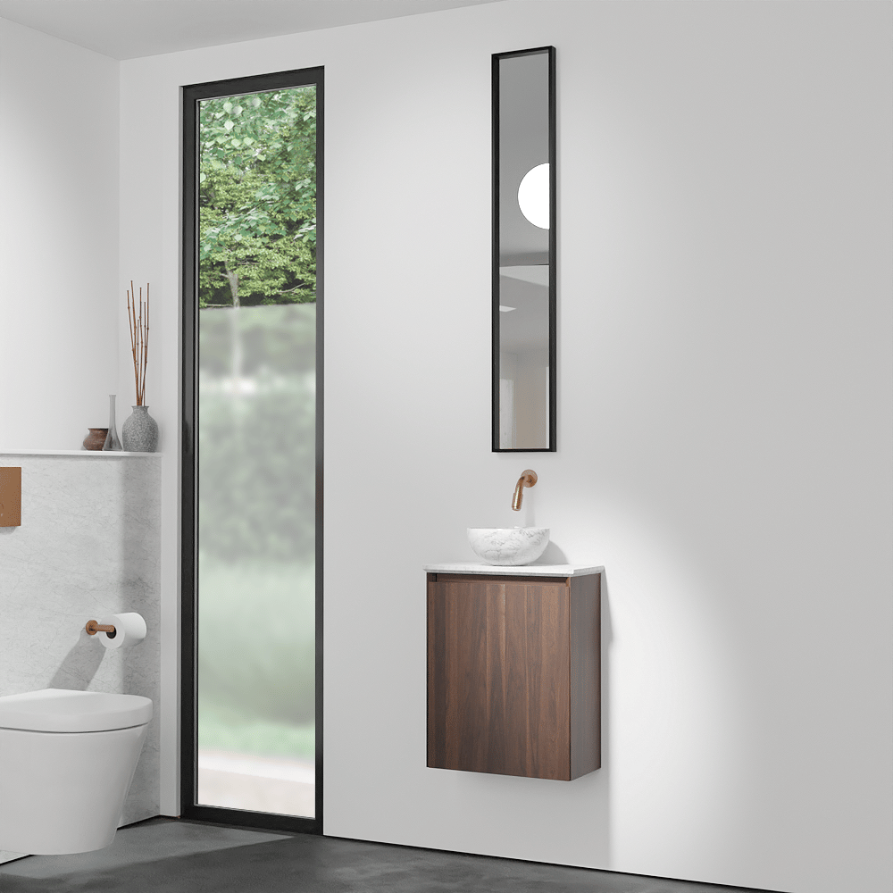 Balmani Mitra meuble wc suspendu 42 x 21 cm noyer américain avec Facetta tablette et Bari XS vaque à poser en marbre Carrara