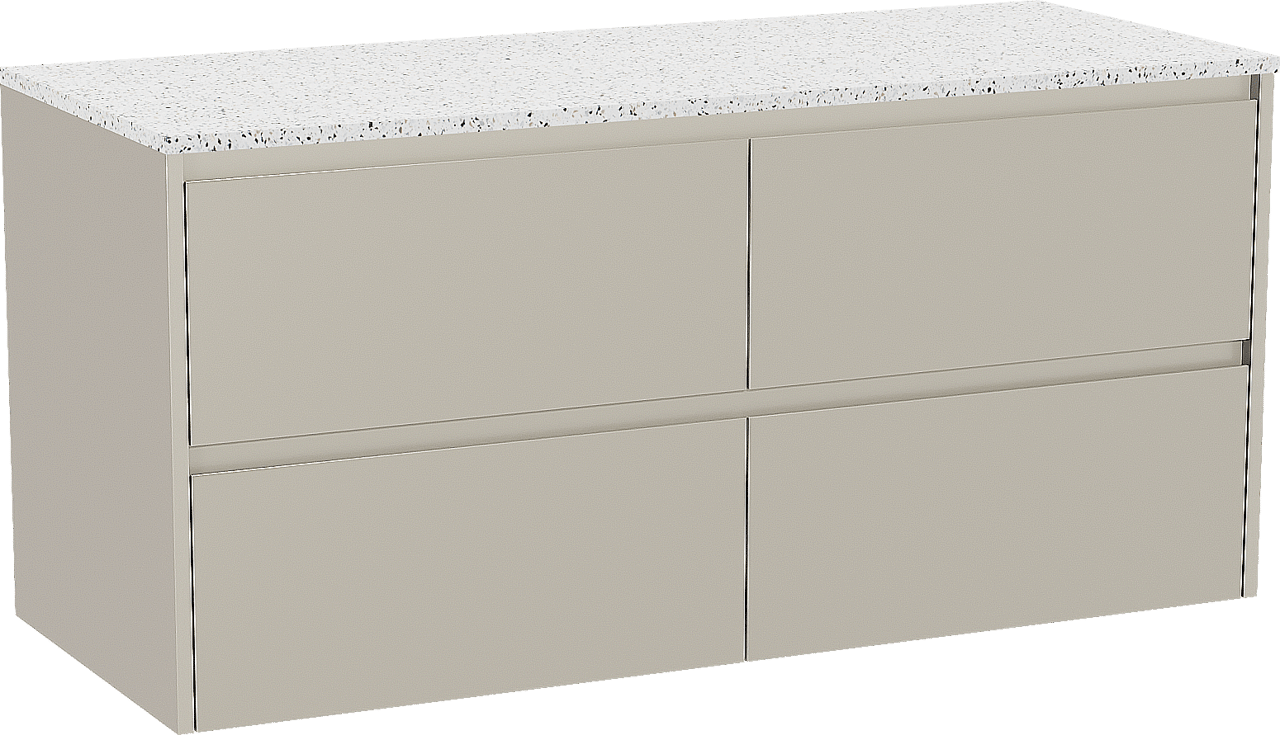 Storke Seda zwevend badmeubel 130 x 52 cm zijdegrijs met Tavola enkel of dubbel wastafelblad in mat wit/zwart terrazzo