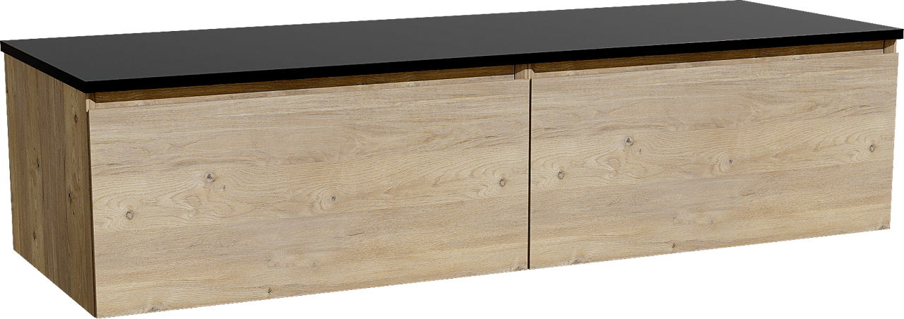 Storke Edge zwevend badmeubel 150 x 52 cm ruw eiken met Panton enkel of dubbel wastafelblad in gepoedercoate mdf mat zwart