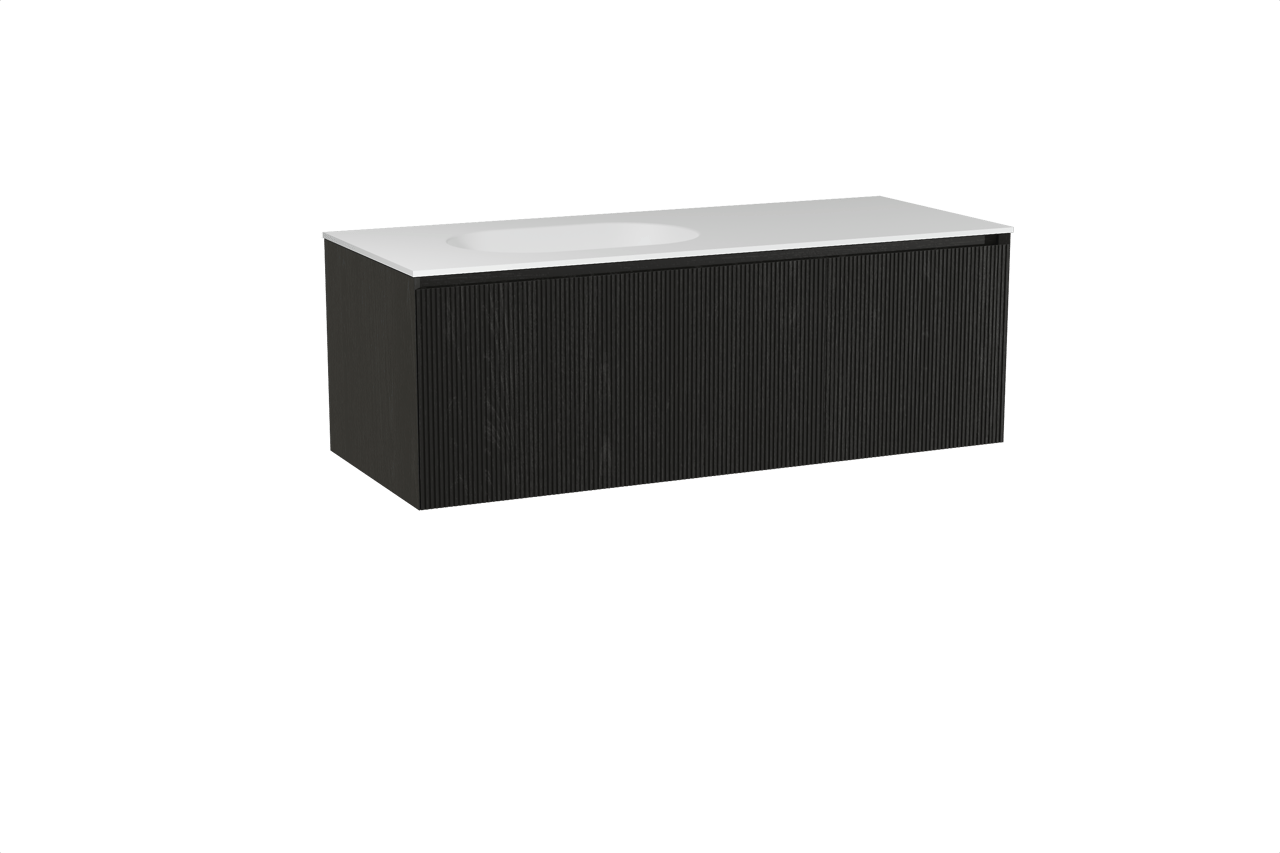 Balmani Fila meuble salle de bains suspendu 135 x 55 cm chêne noir avec Tablo Oval vasque asymétrique gauche en solid surface blanc mat, Nervure droite symétrique verticale