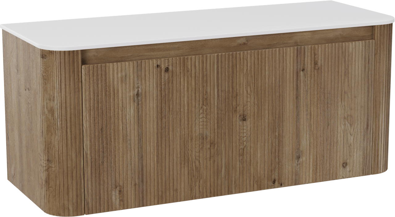 Storke Soft meuble salle de bains suspendu 120 x 46 cm chêne brut avec Tavola Soft tablette simple ou double vasque en Solid Surface blanc mat, Nervure droite symétrique verticale