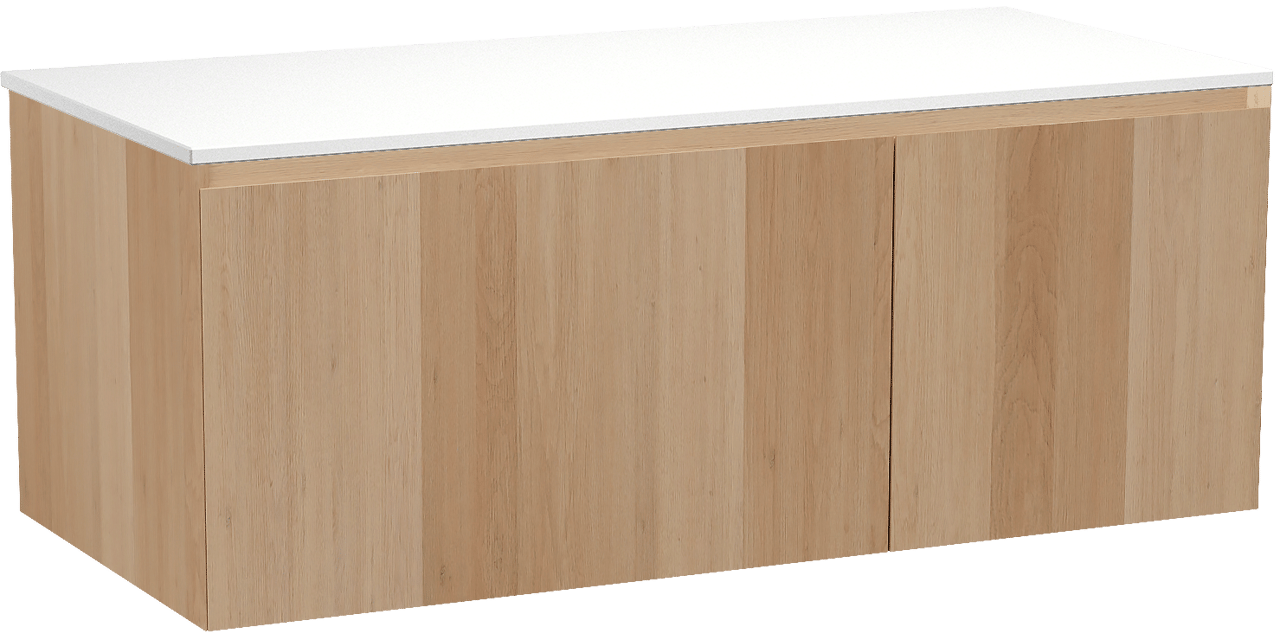 Balmani Idra meuble salle de bains suspendu 120 x 55 cm chêne naturel avec Stretto tablette simple ou double en solid surface blanc mat
