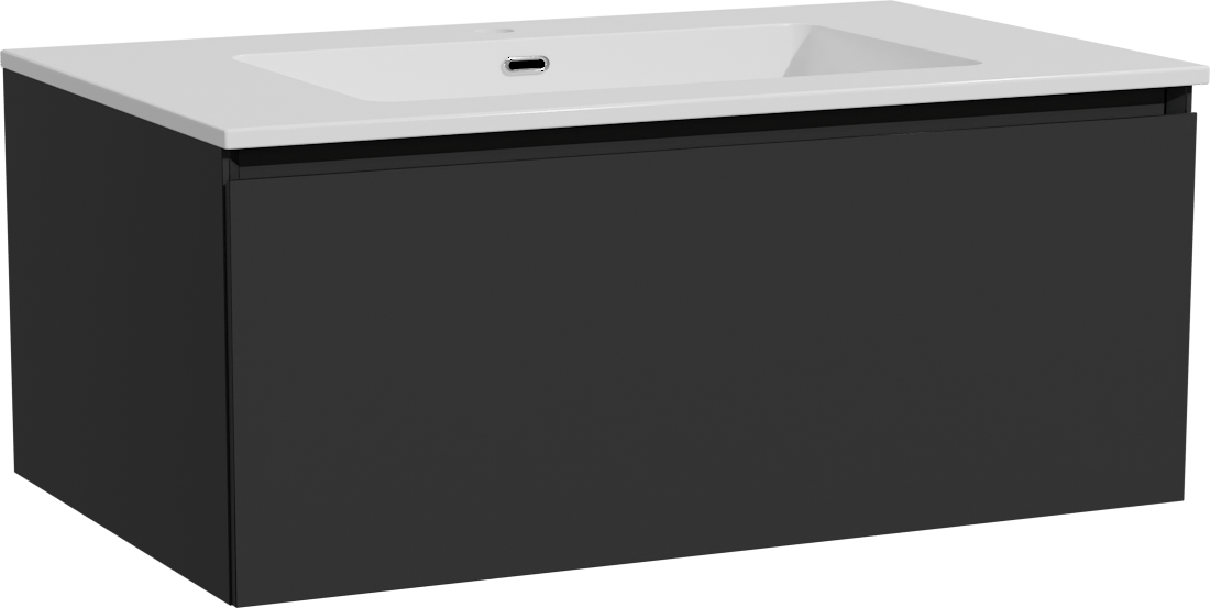 Storke Edge hängendes Möbelstück Set: 85 x 52 cm, Schwarz matt, mit Diva Einzelwaschtisch, Marmorkomposit Weiß glänzend