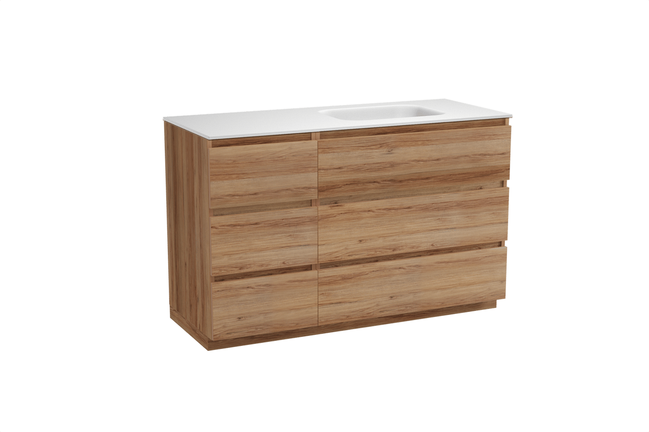 Balmani Lucida freistehendes Möbelstück Set: 135 x 55 cm, Teak, mit Tablo Arcato Waschtisch rechts, Solid Surface Weiß matt