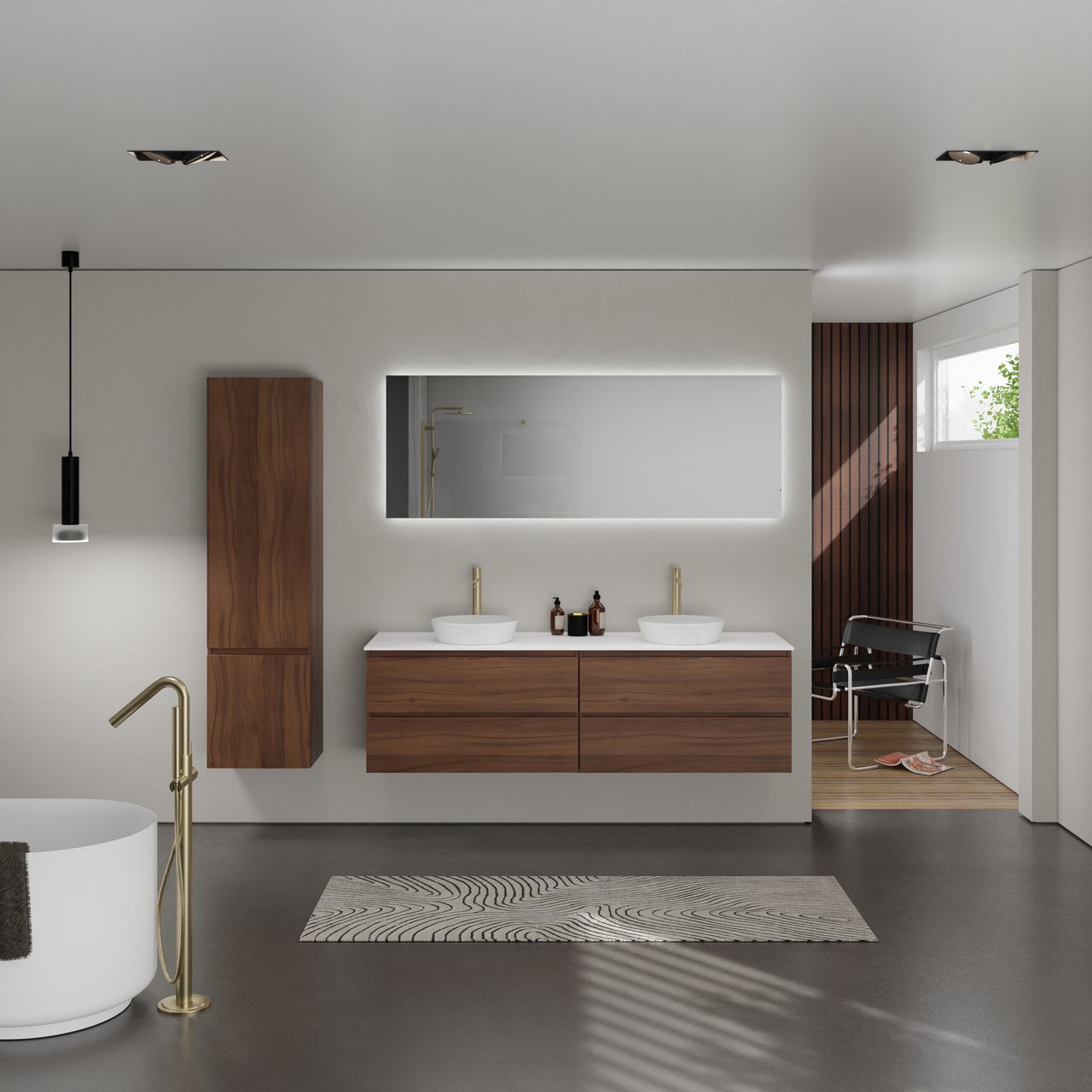 Balmani Lucida meuble salle de bains suspendu 180 x 55 cm noyer américain avec Stretto tablette simple ou double en solid surface blanc mat