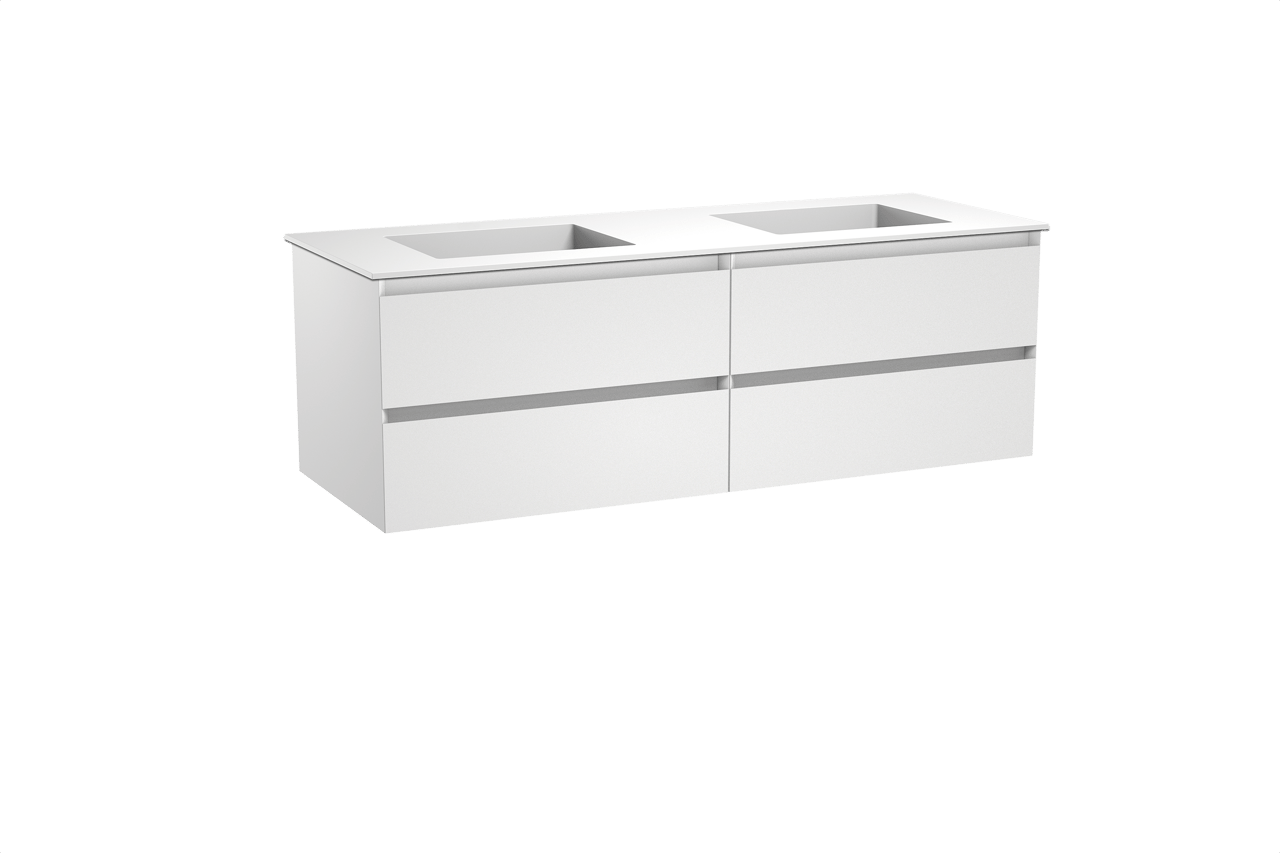 Balmani Mitra zwevend badkamermeubel 150 x 55 cm mat wit met Tablo Stretto dubbele wastafel in solid surface mat wit