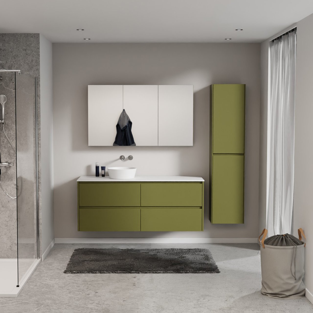 Storke Seda meuble salle de bains suspendu 150 x 52 cm vert olive avec Tavola tablette simple ou double en solid surface blanc mat