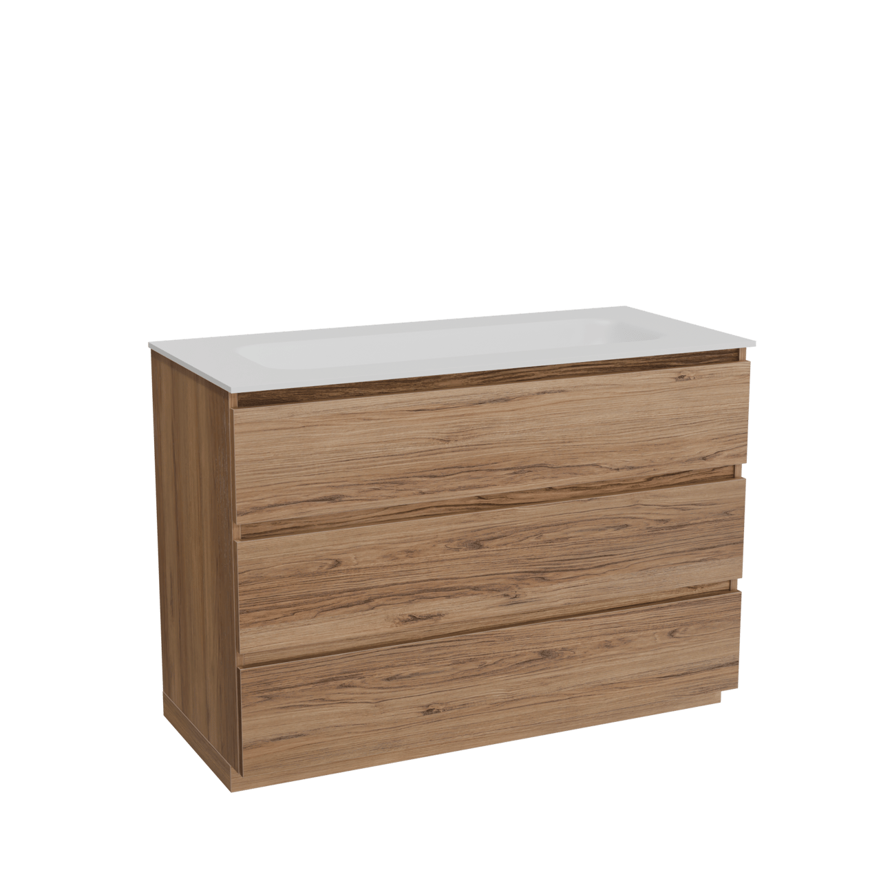 Balmani Lucida staand badkamermeubel 120 x 55 cm teak met Tablo Arcato enkele wastafel voor 2 kraangaten in solid surface mat wit