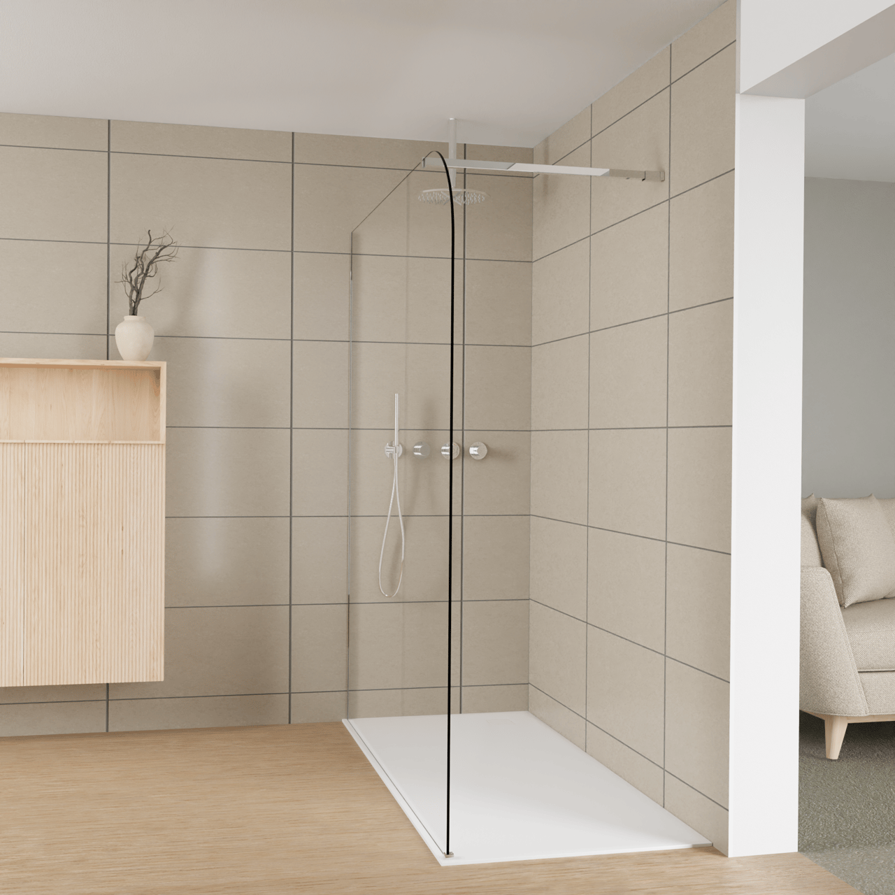 Balmani Modular inloopdouche: 180 x 200 cm, Helder glas afgerond met coating, Glanzend chroom profielen