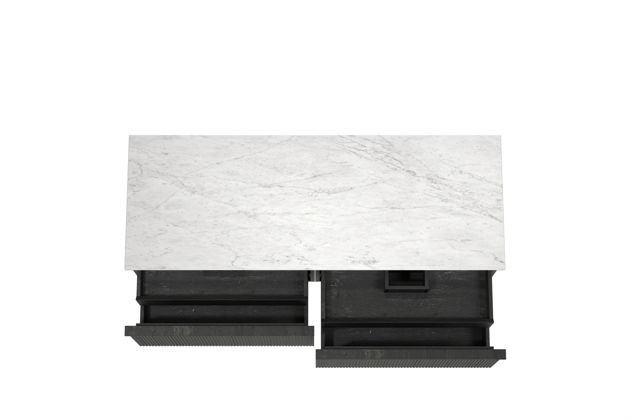 Balmani Forma hängendes Möbelstück Set: 150 x 55 cm, Schwarze Eiche, mit Stretto Einzel- oder Doppel Waschtischplatte, Marmor, Carrara, Vertikale symmetrische gerade Rippe