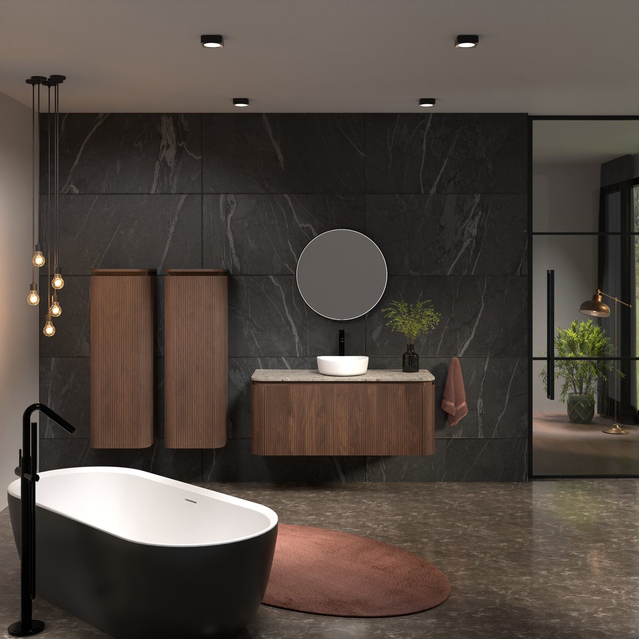 Balmani Moon hängendes Möbelstück Set: 130 x 55 cm, Amerikanischer Nussbaum, mit Moon Einzel- oder Doppel Waschtischplatte, Terrazzo in Greige, Vertikale symmetrische gerade Rippe