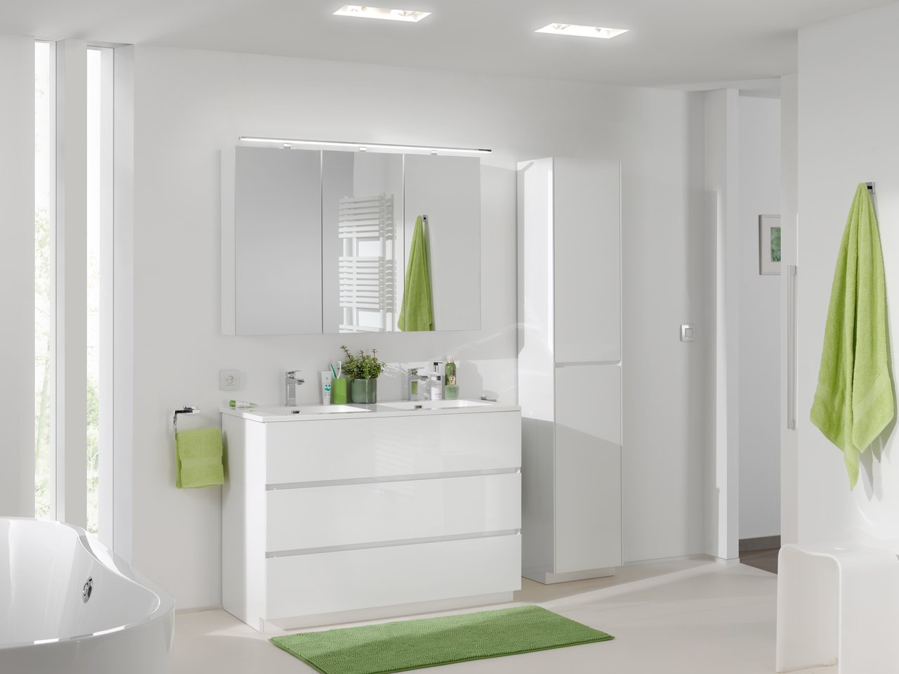 Storke Edge meuble sous-vasque a poser 120 x 52 cm Blanc Brillant 3 tiroirs 2 découpés de siphon