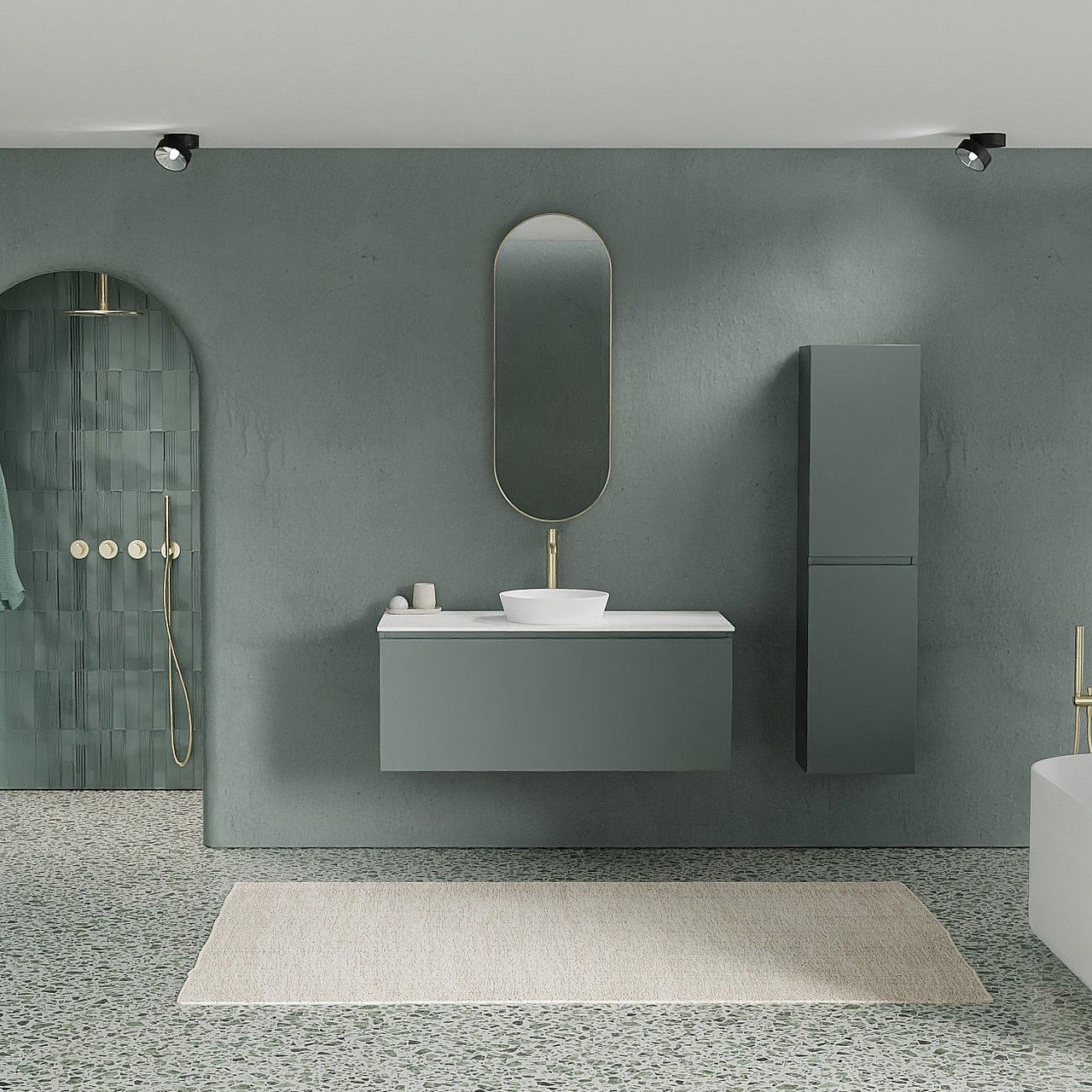 Balmani Sfera meuble salle de bains suspendu 120 x 55 cm forest avec Stretto tablette simple ou double en solid surface blanc mat