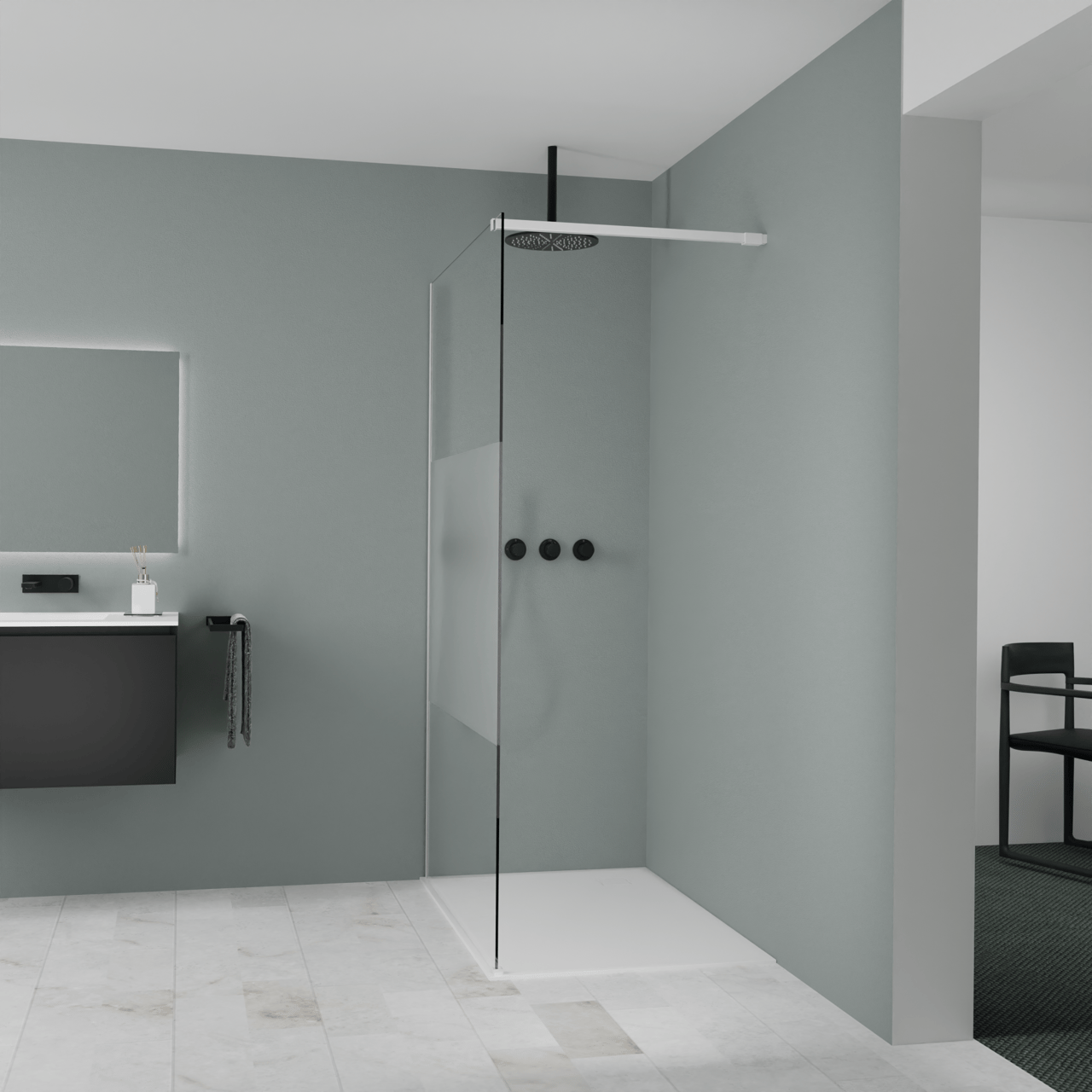 Balmani Modular inloopdouche: 120 x 200 cm, Helder glas met matte strook, Mat witte profielen