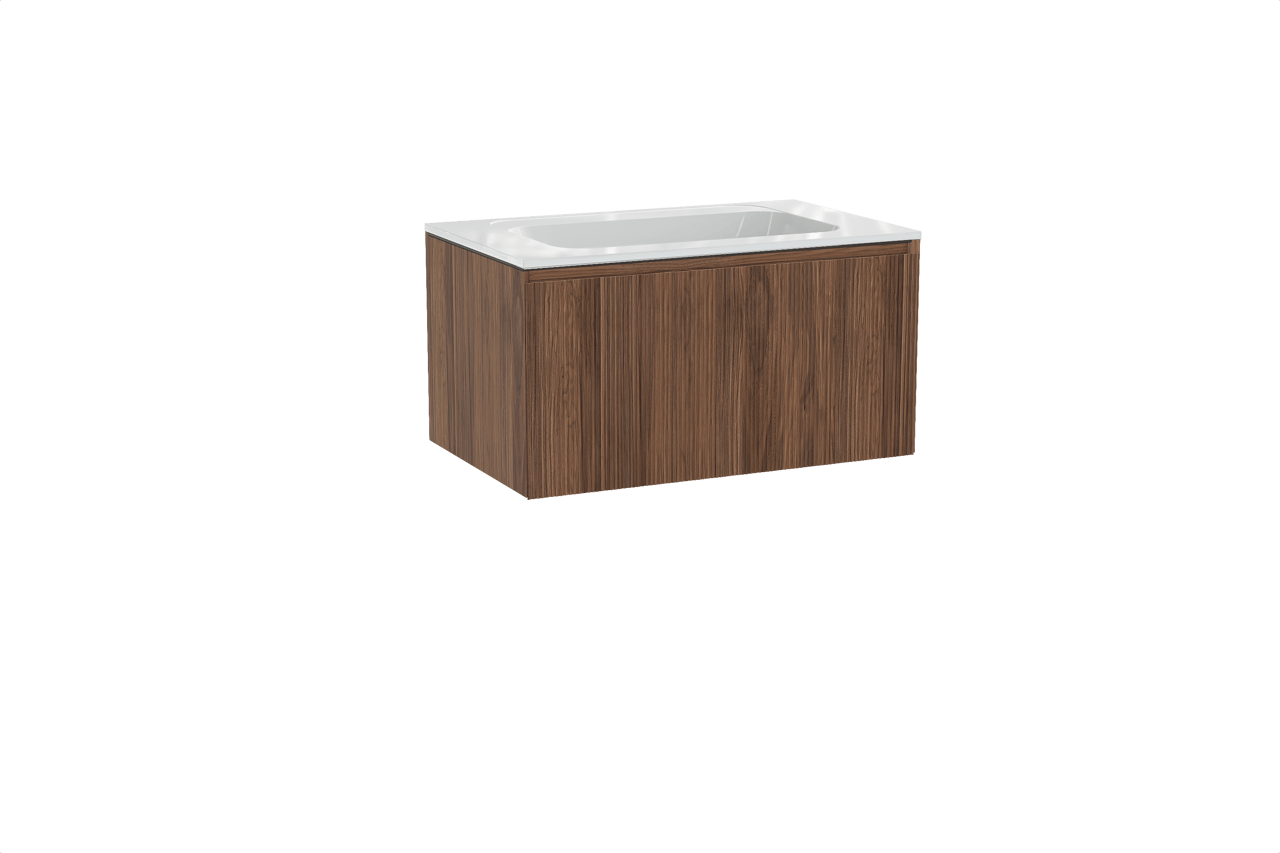 Balmani Fila meuble salle de bains suspendu 90 x 55 cm noyer avec Tablo Strada plan simple en marbre composite blanc brillant, Nervure droite symétrique verticale