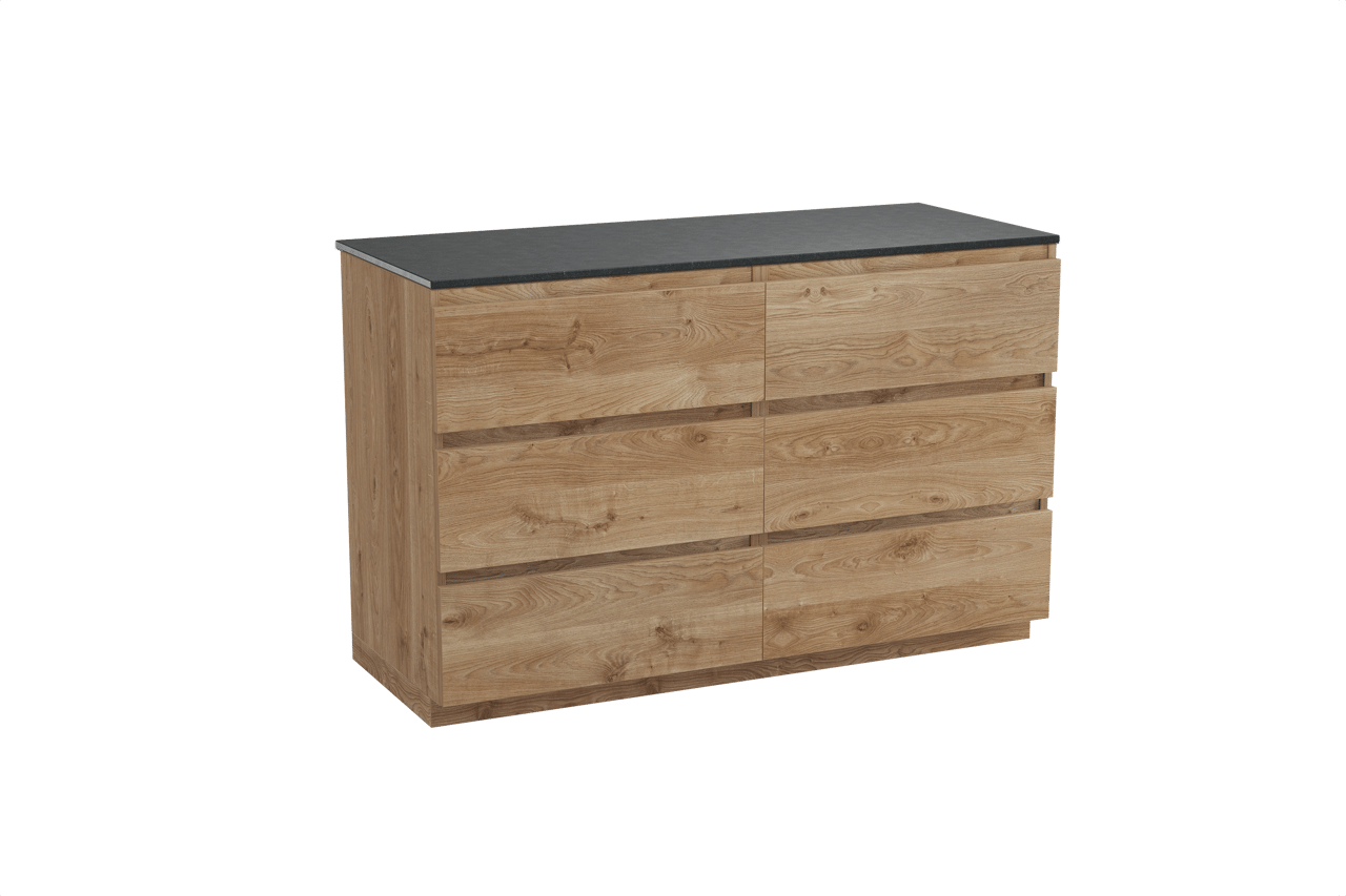 Balmani Lucida staand badkamermeubel 135 x 55 cm ruwe eik met Stretto enkel of dubbel tablet in graniet zwart