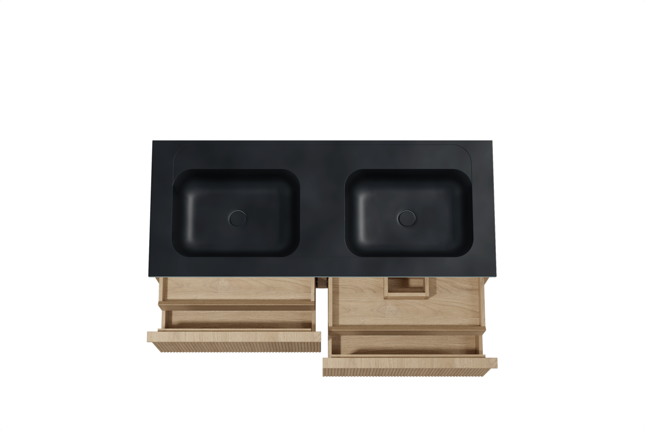 Balmani Forma zwevend badkamermeubel 135 x 55 cm natuur eik met Tablo Strada dubbele wastafel in composietmarmer mat zwart, Verticale symmetrische rechte ribbel