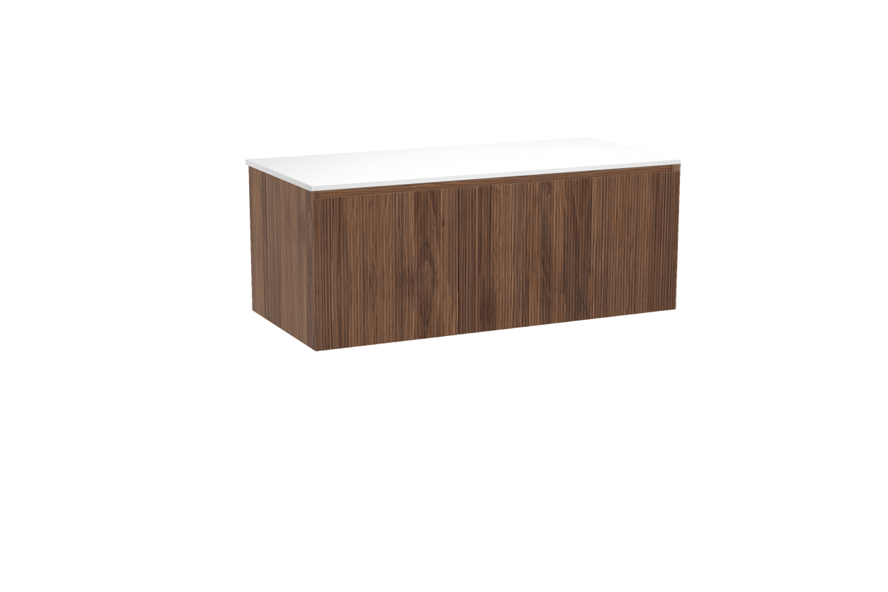 Balmani Fila zwevend badkamermeubel 120 x 55 cm notelaar met Stretto enkel of dubbel tablet in solid surface mat wit, Verticale symmetrische rechte ribbel