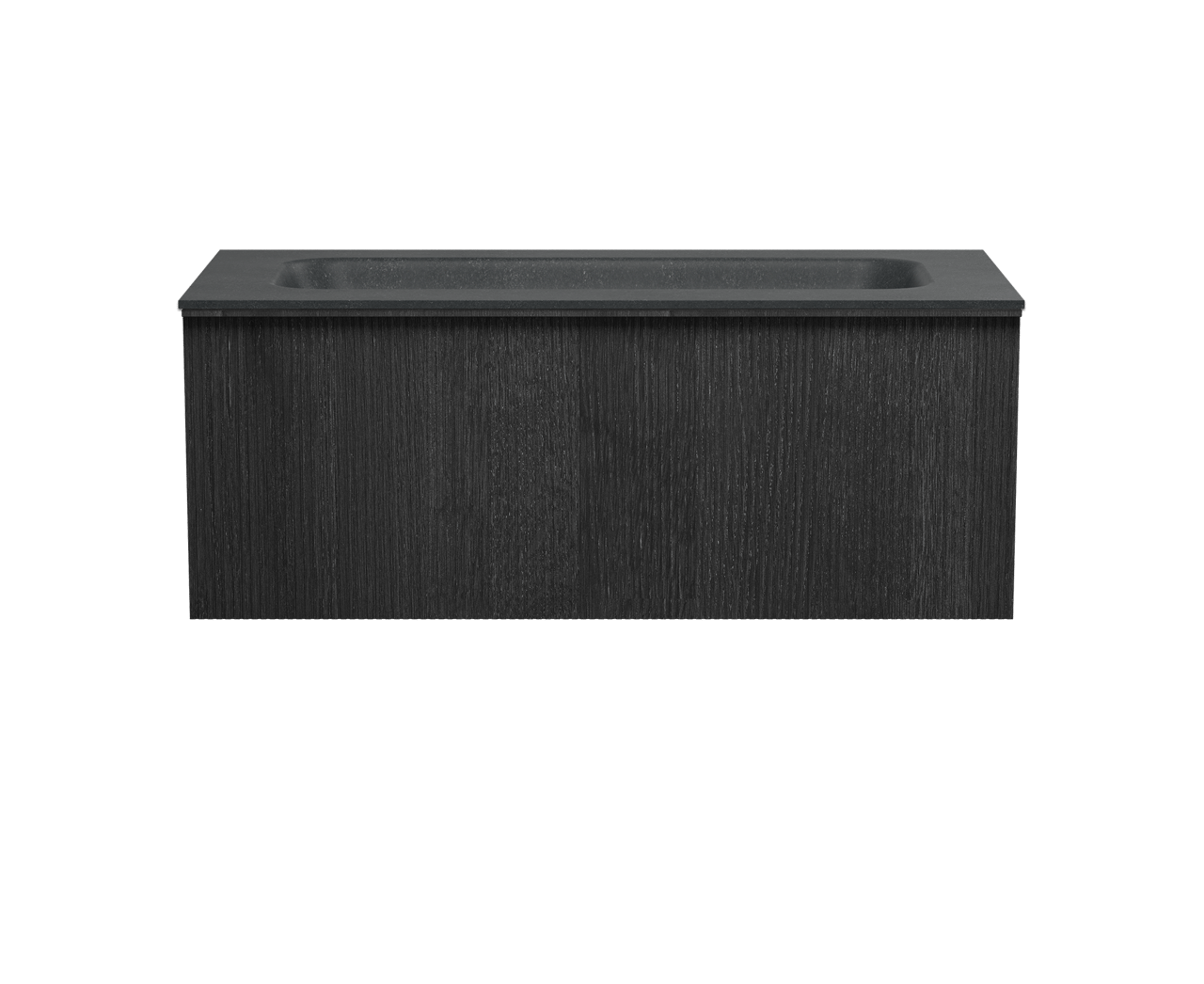 Balmani Forma zwevend badkamermeubel 120 x 55 cm zwarte eik met Tablo Arcato enkele wastafel voor 2 kraangaten in graniet zwart, Verticale symmetrische rechte ribbel