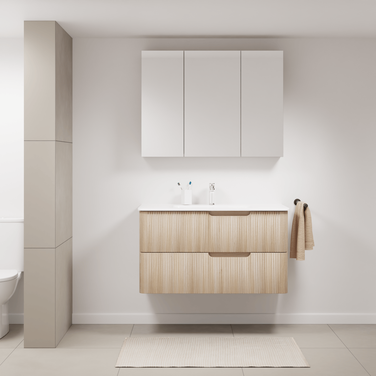 Linie Curvo hängendes Möbelstück Set: 100 x 46 cm, Eiche Hell, mit Baro Curvo Einzelwaschtisch Keramik Weiβ glänzend, Vertikale symmetrische runde Rippe