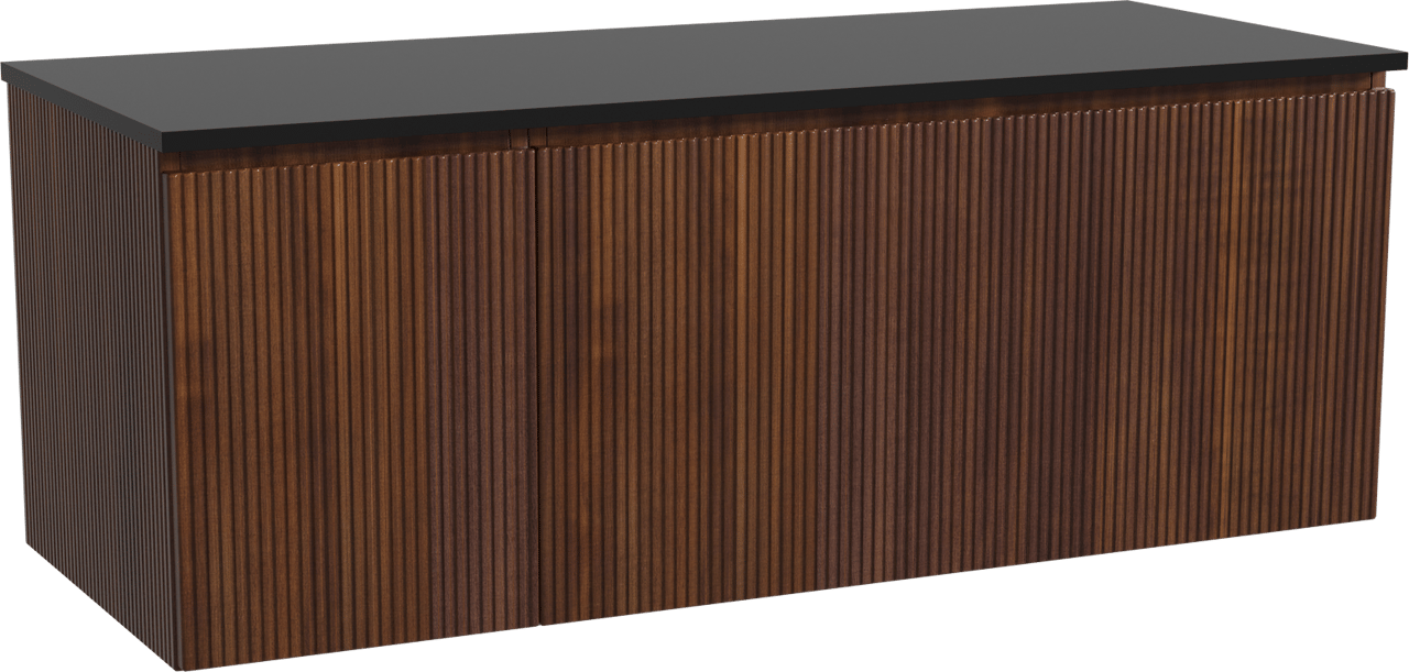 Storke Ribs zwevend badmeubel 130 x 52 cm notenhout met Panton enkel of dubbel wastafelblad in gepoedercoate mdf mat zwart, Verticale symmetrische rechte ribbel